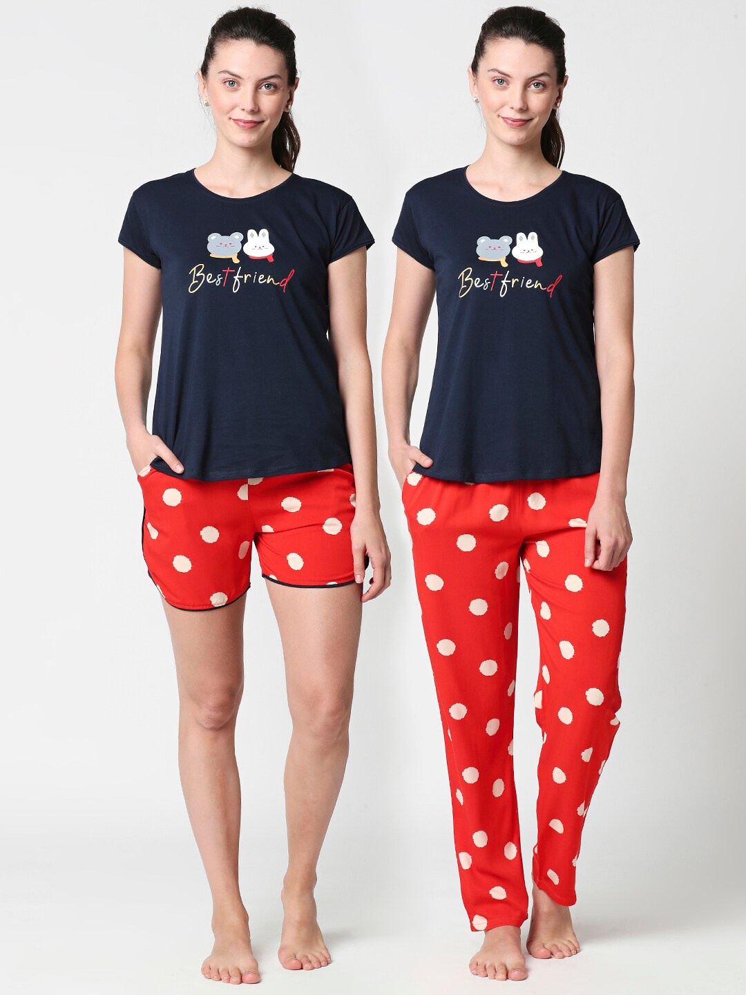 

Zeyo Women Set of 3 Navy Blue & Red Printed Night suit
