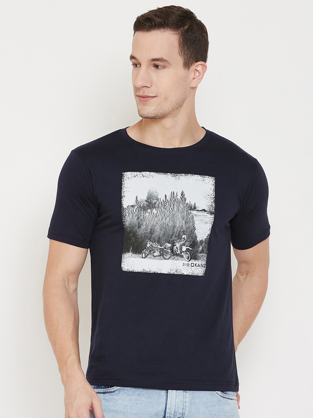 Okane Men Navy Blue Printed Round Neck T-shirt