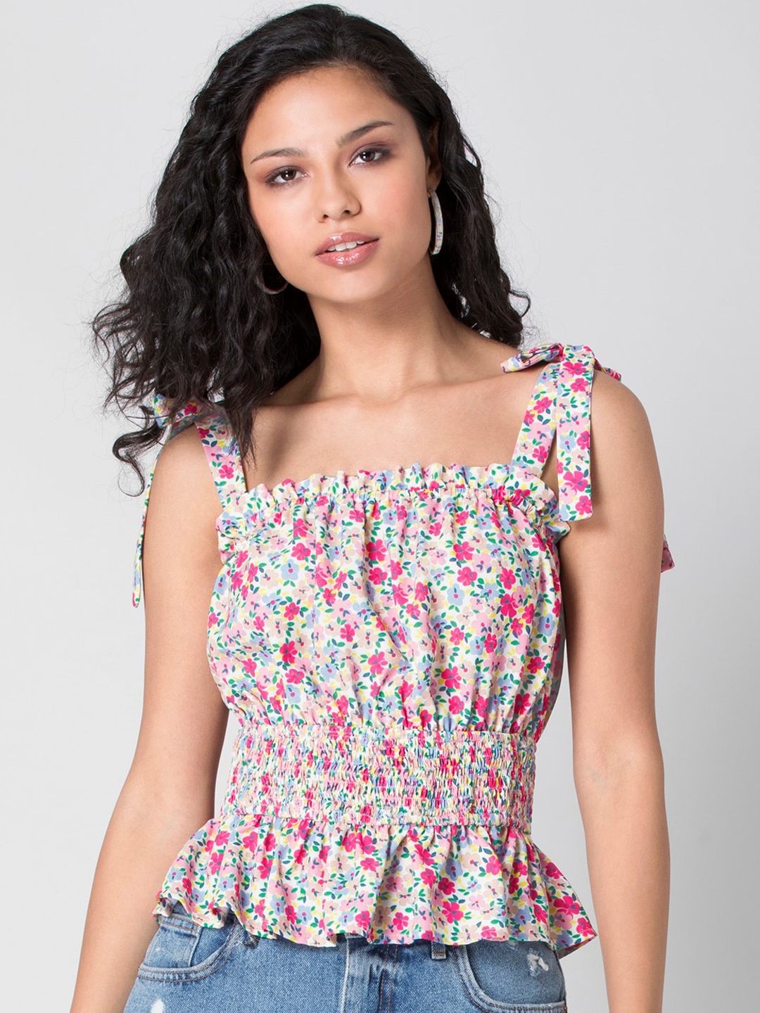 

FabAlley Multicoloured Floral Georgette Smocked Cinched Waist Top, Multi