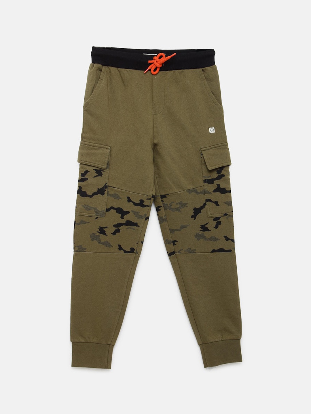 

Pepe Jeans Boys Olive Green Solid Cotton Cargo Joggers with Camouflage Print Detail