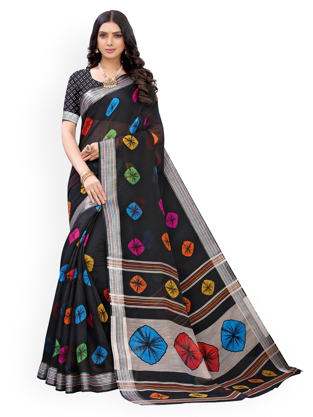 

KALINI Black & Blue Polycotton Printed Saree
