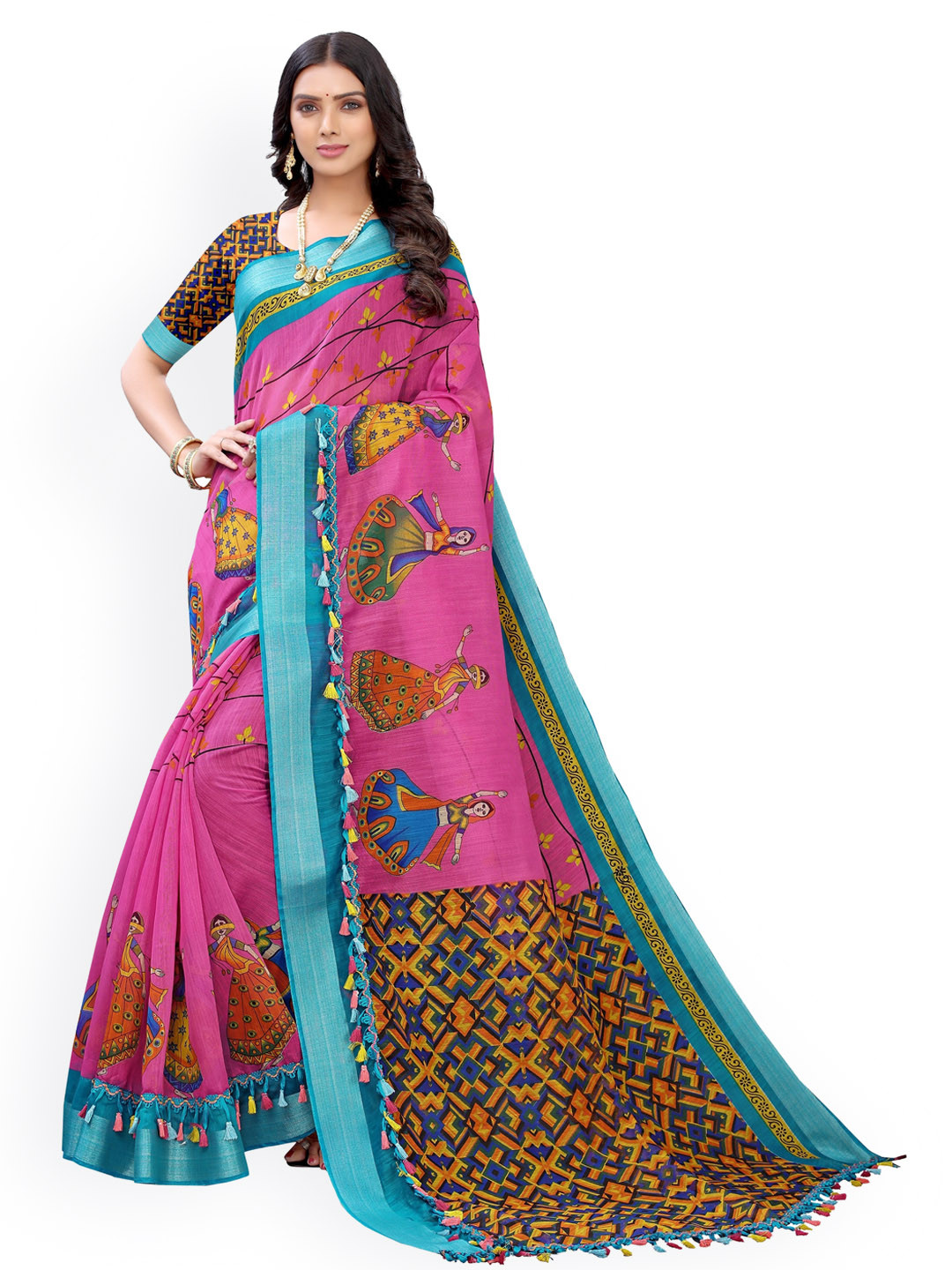 

KALINI Pink & Navy Blue Polycotton Printed Saree