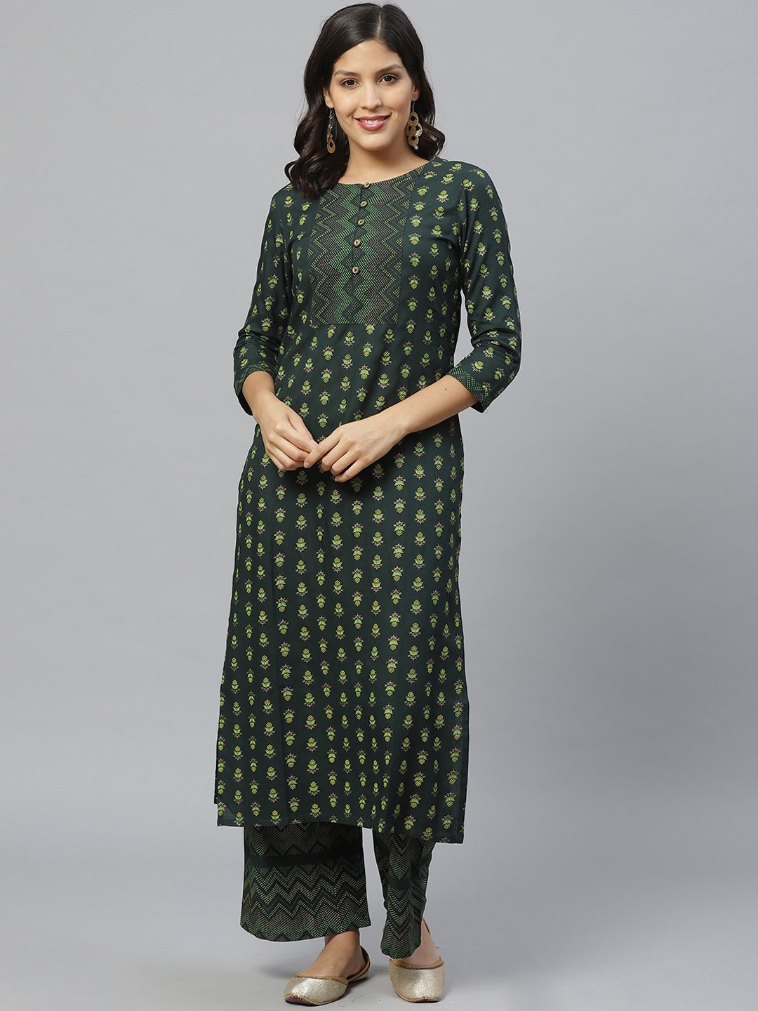 

Indo Era Women Green & Yellow Ethnic Motifs Printed A-Line Kurta & Palazzos