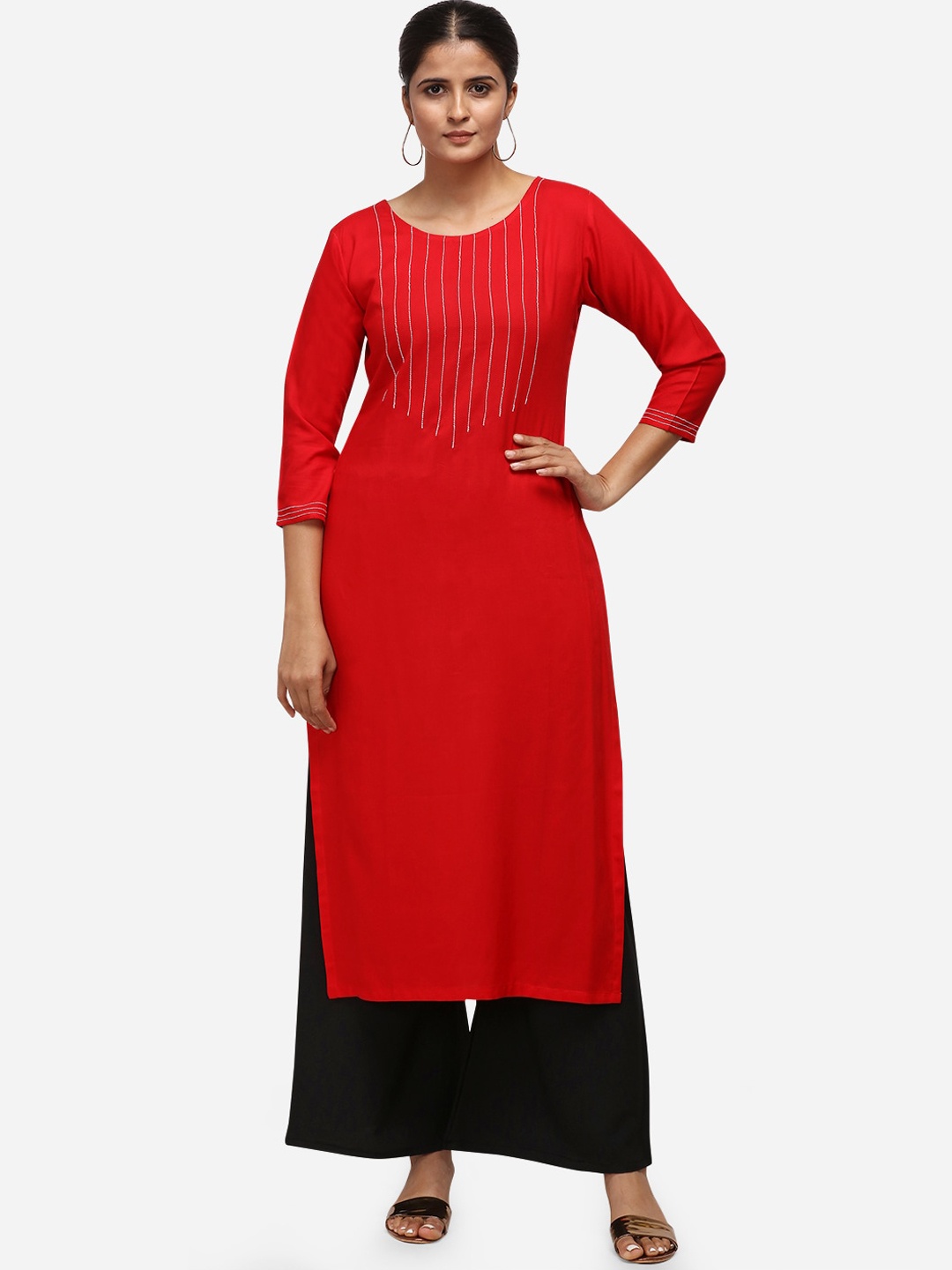 

Florence Women Red Regular Thread Work Kurta with Palazzos