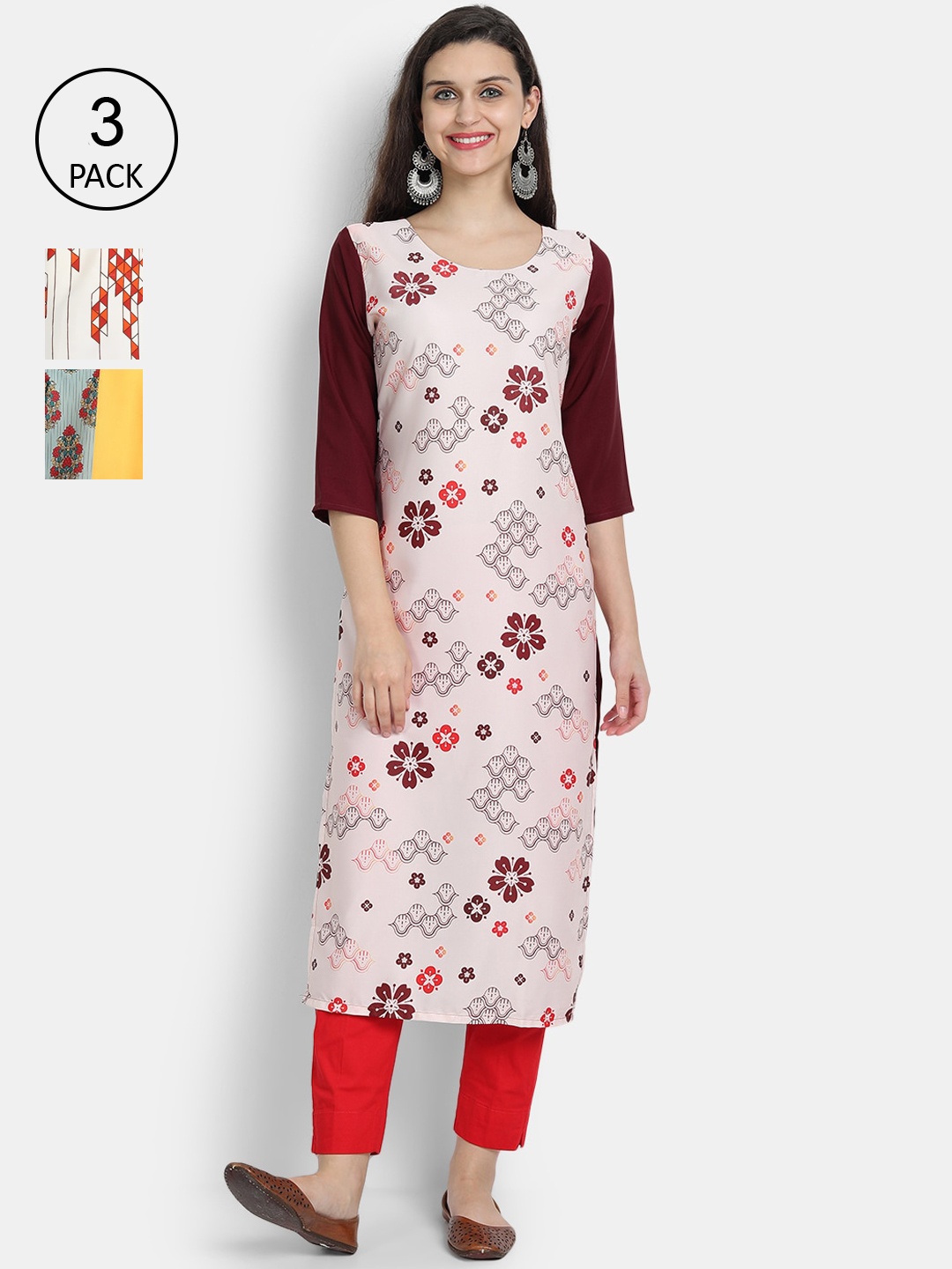 

Ethnic basket Women Pack Of 3 Multicoloured Floral Printed Crepe Kurta, Multi