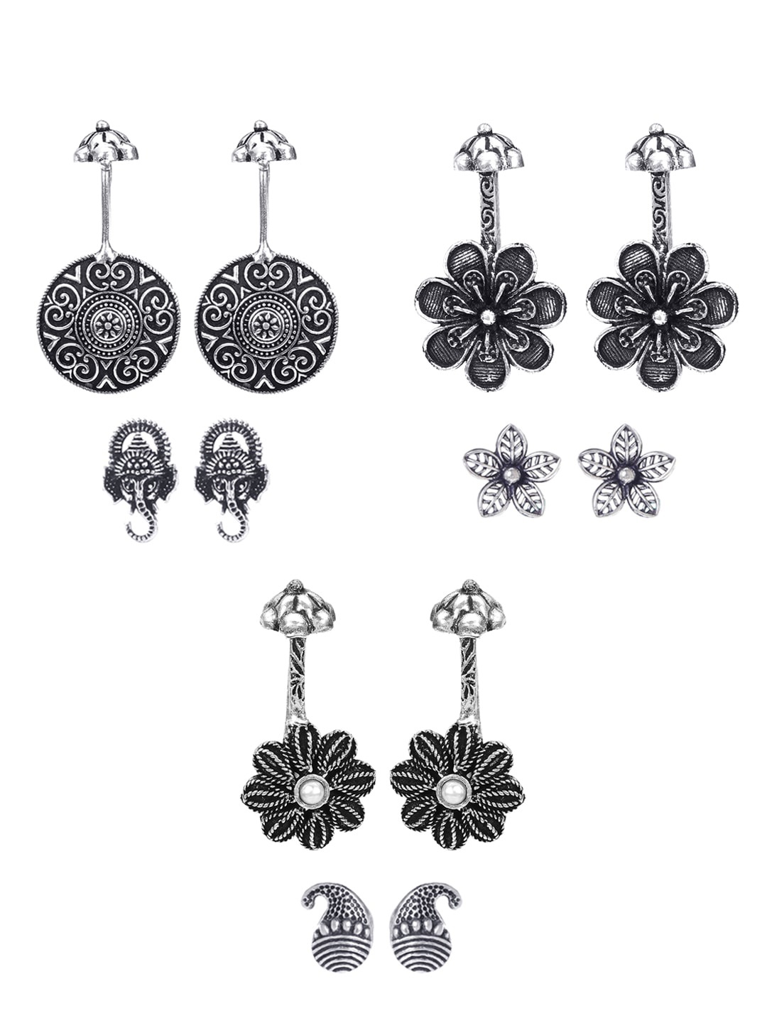 

Yellow Chimes Set of 6 Oxidised Silver-Plated Textured Bugadi Earrings