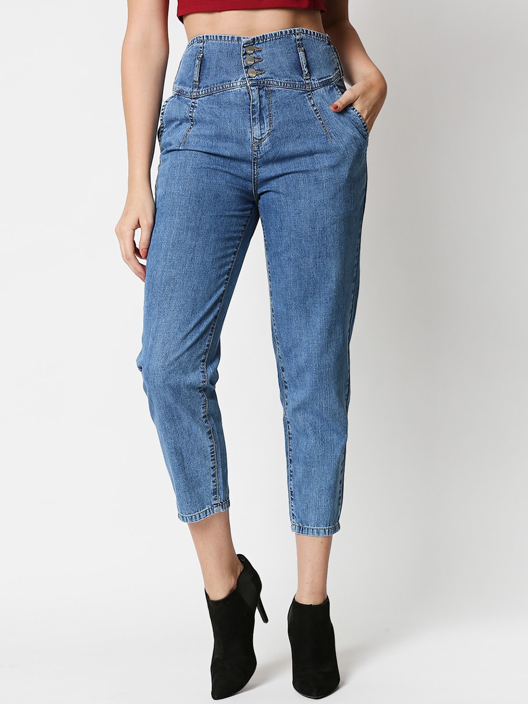 Kraus Jeans Women Blue High-Rise Low Distress Jeans