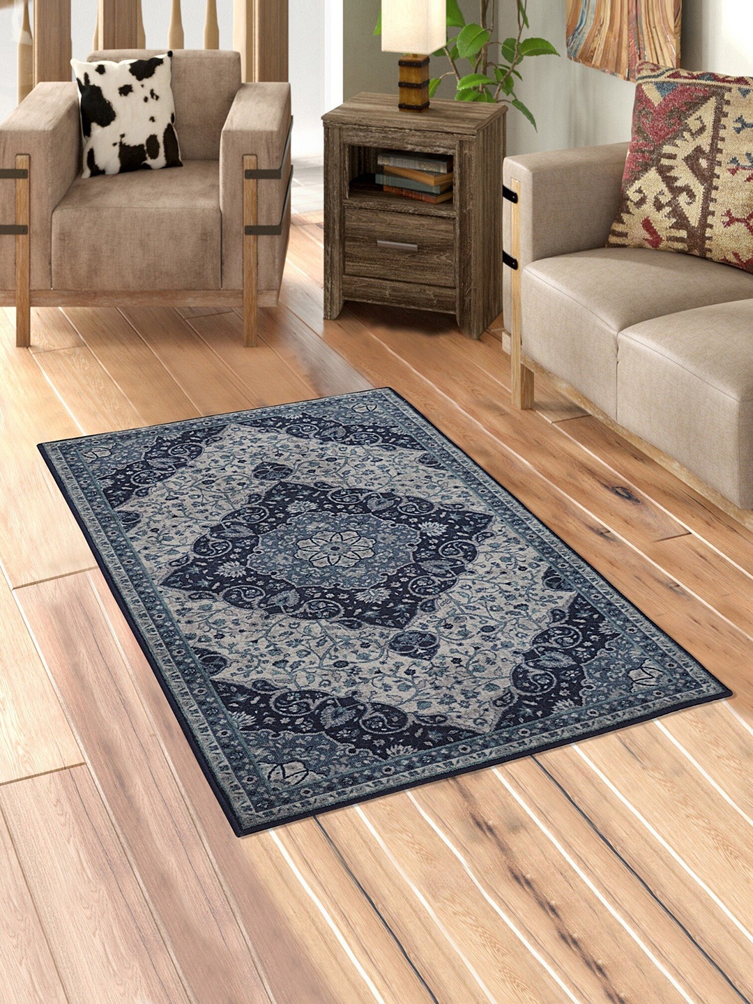 

RUGSMITH Blue & Grey Printed Rectangular Anti-Skid Carpet
