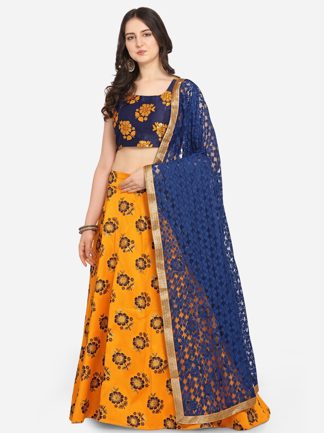 

VRSALES Women Yellow Semi Stiched Woven Jacquard Lehenga Choli