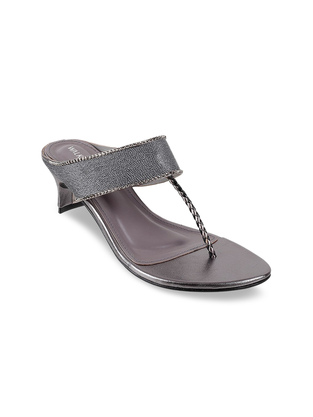 

WALKWAY by Metro Women Gunmetal-Toned Self-Striped Embellished Block Heels with Braided Detail, Metallic