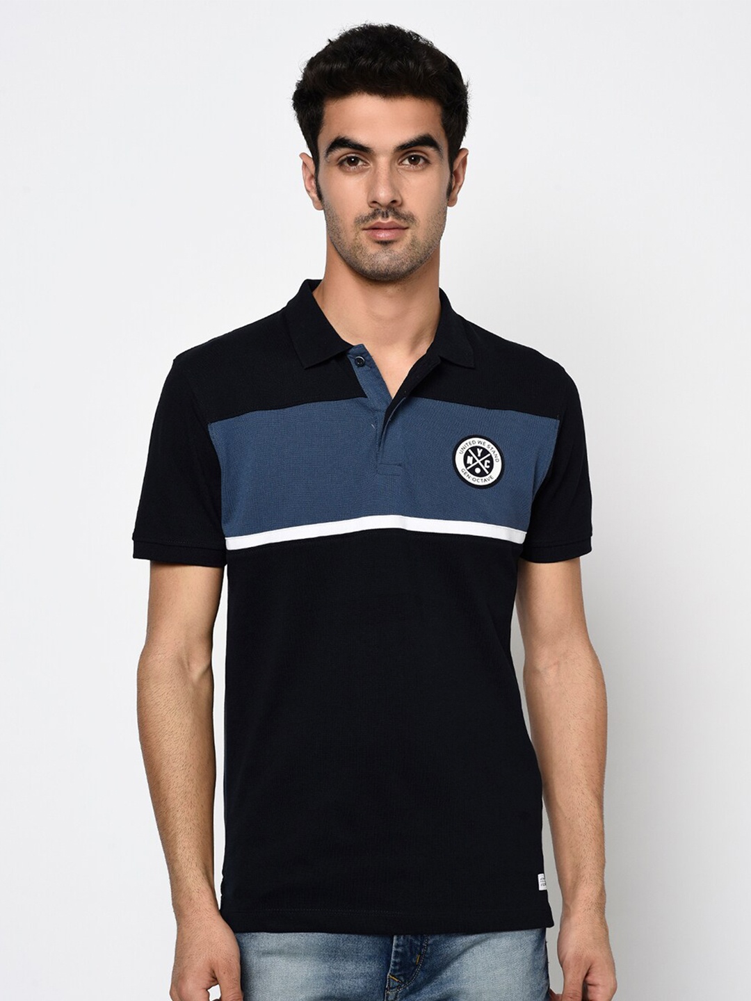 

Octave Men Blue & White Colourblocked Polo Collar Cotton T-shirt