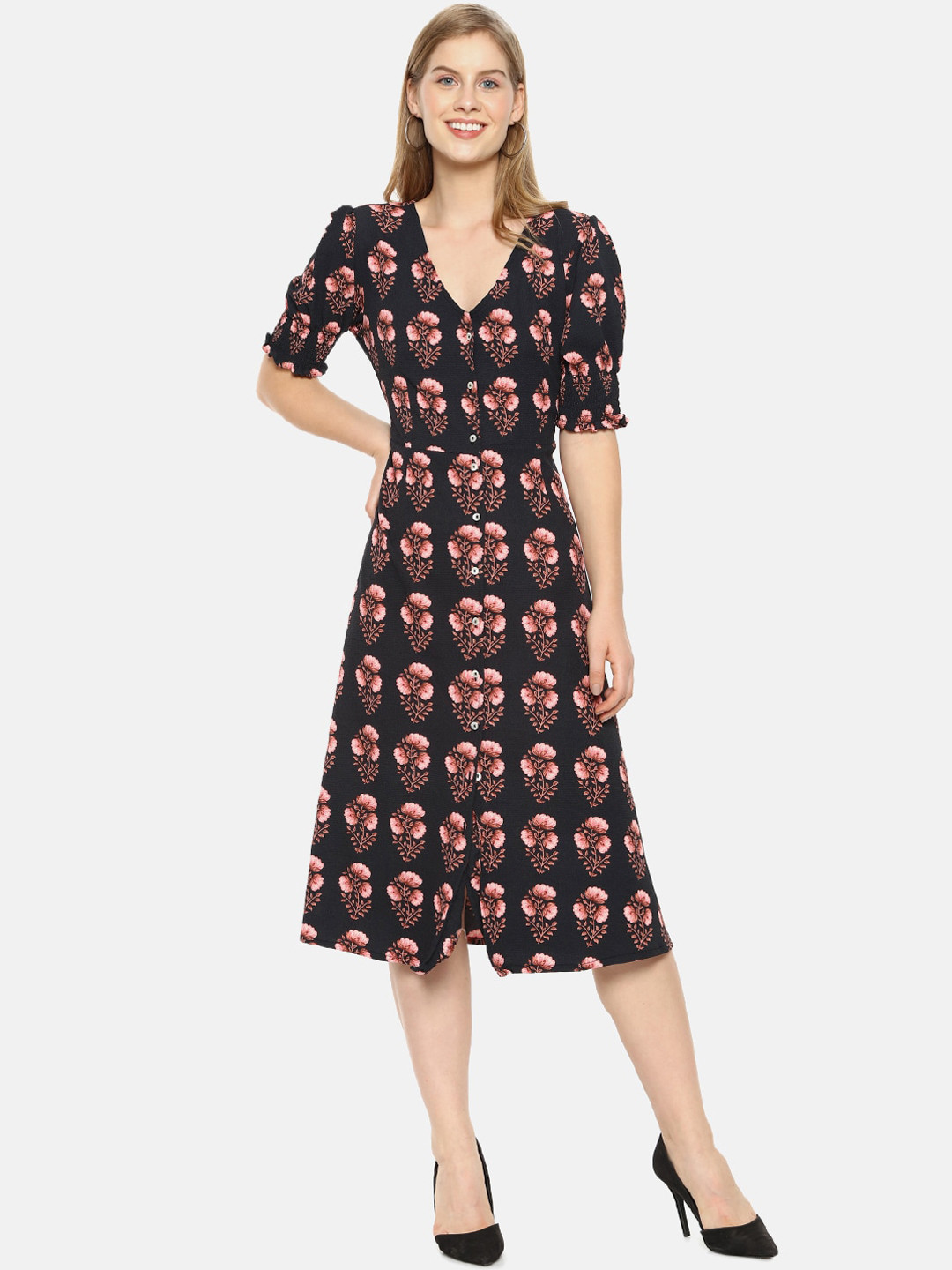 

Campus Sutra Women Black & Peach Floral Print A-Line Midi Dress