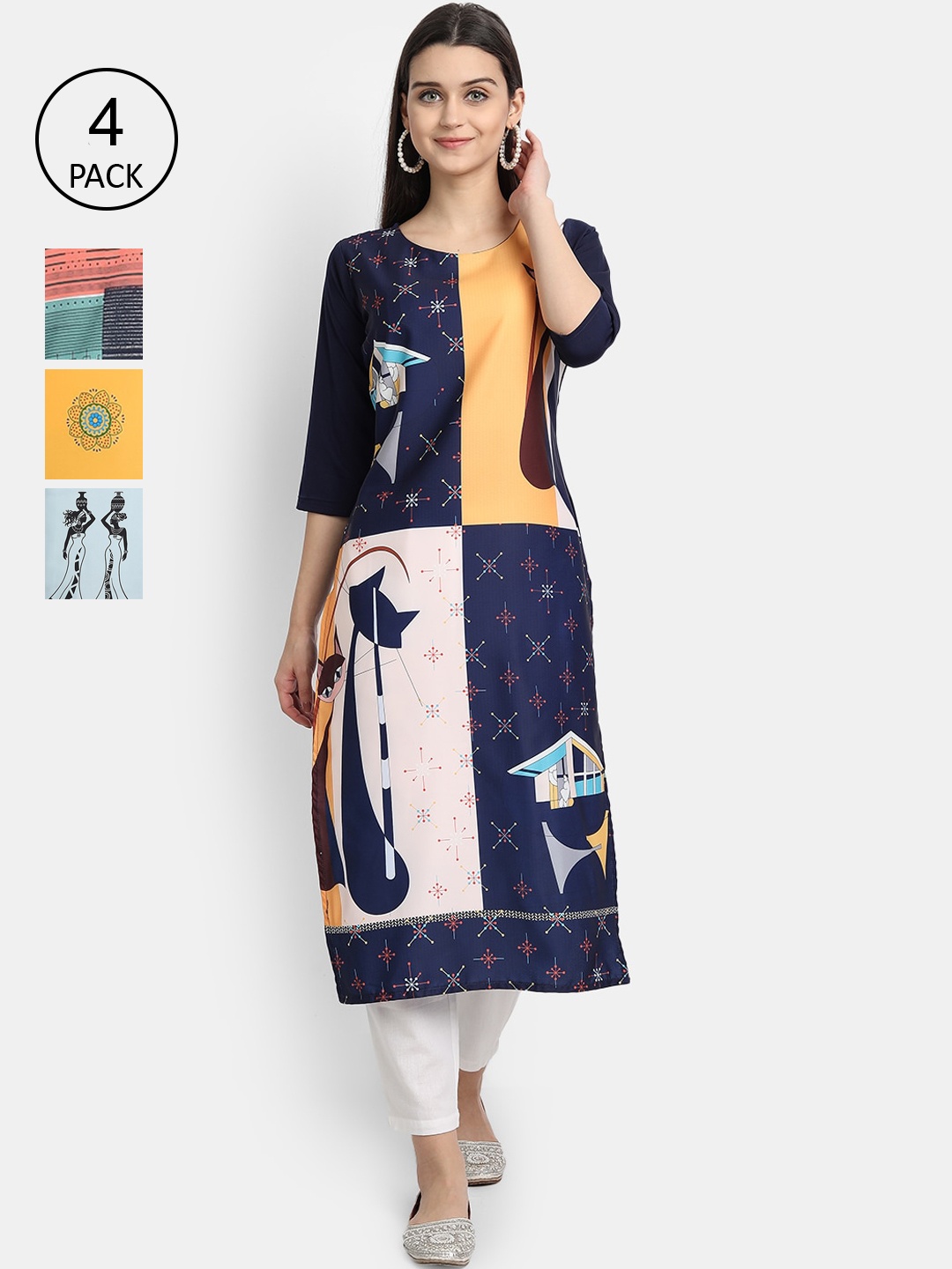 

Ethnic basket Women Pack Of 4 Multicoloured Colourblocked Crepe Kurta, Multi