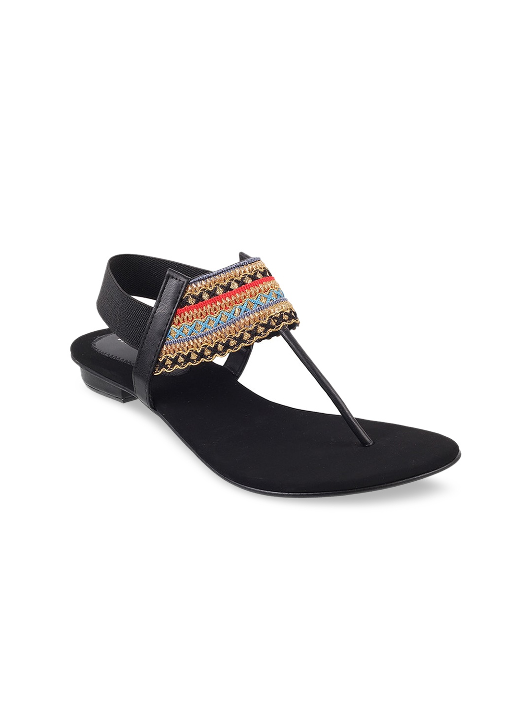 

WALKWAY by Metro Women Black & Gold-Toned Woven Design T-Strap Flats