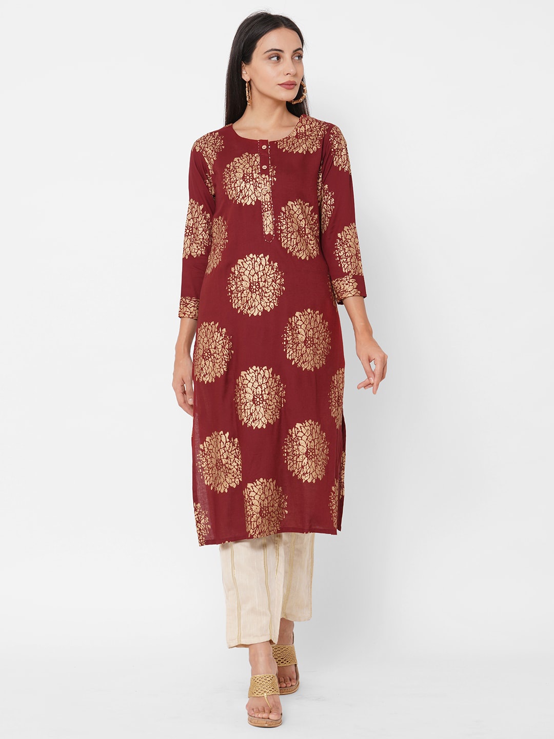 

FASHOR Women Maroon & Gold-Toned Ethnic Motifs Printed Kurta