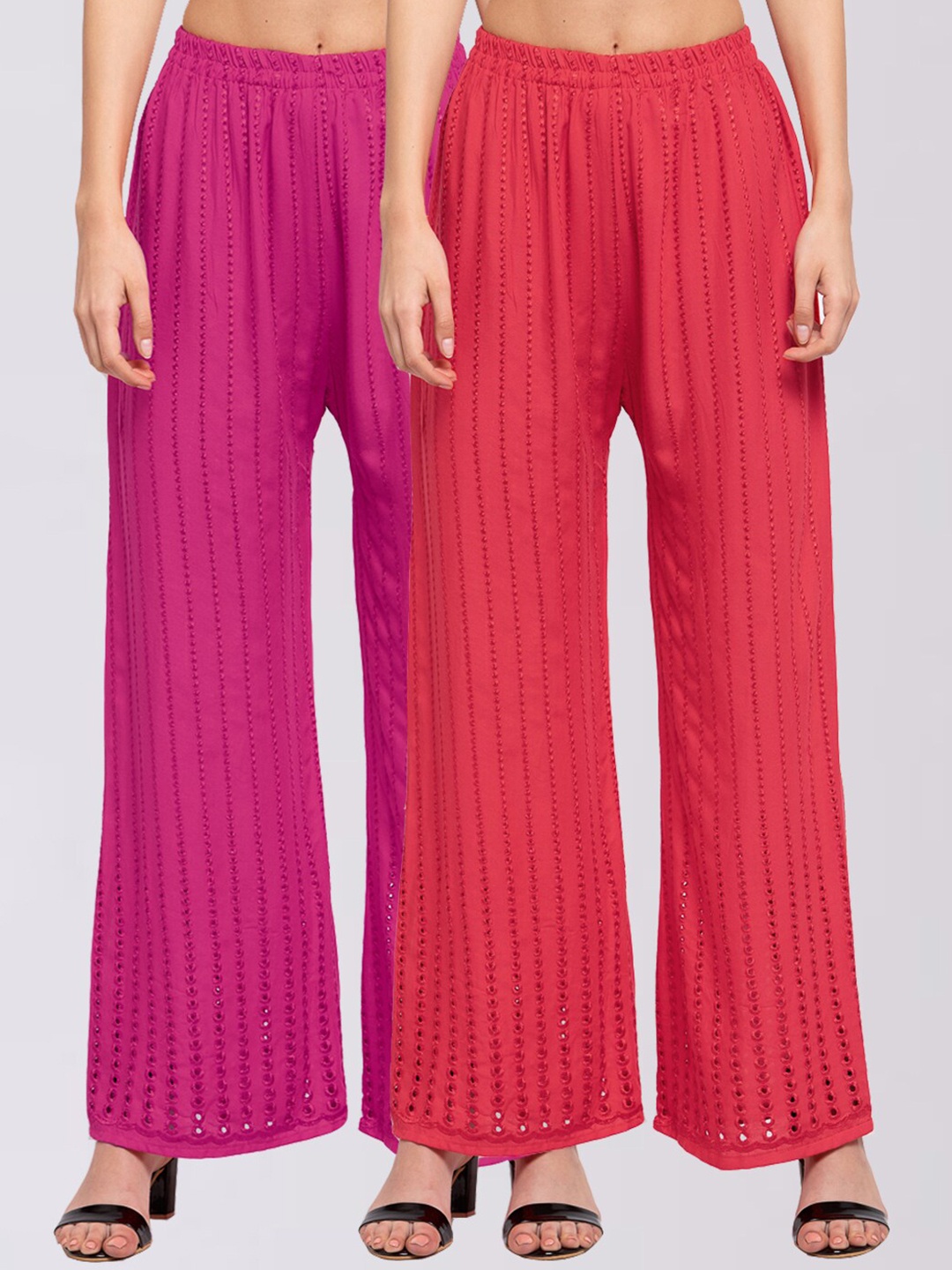 

KLOTTHE Women Pack Of 2 Embroidered Wide Leg Palazzos, Pink