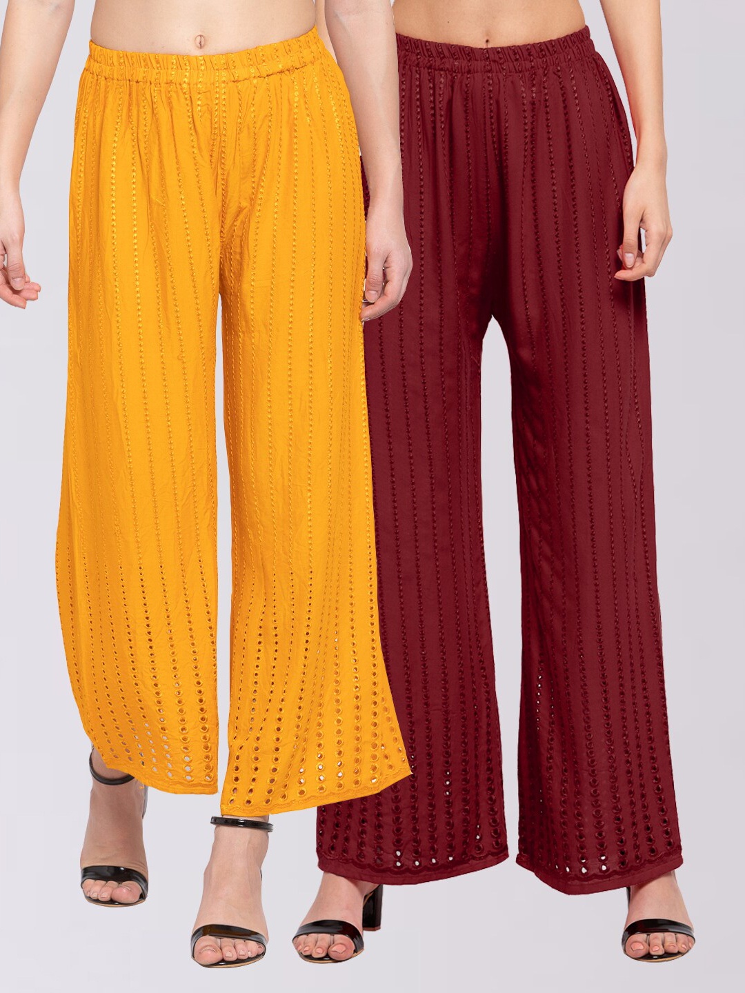 KLOTTHE Women Set of 2 Maroon & Mustard Embroidered Wide Leg Palazzos