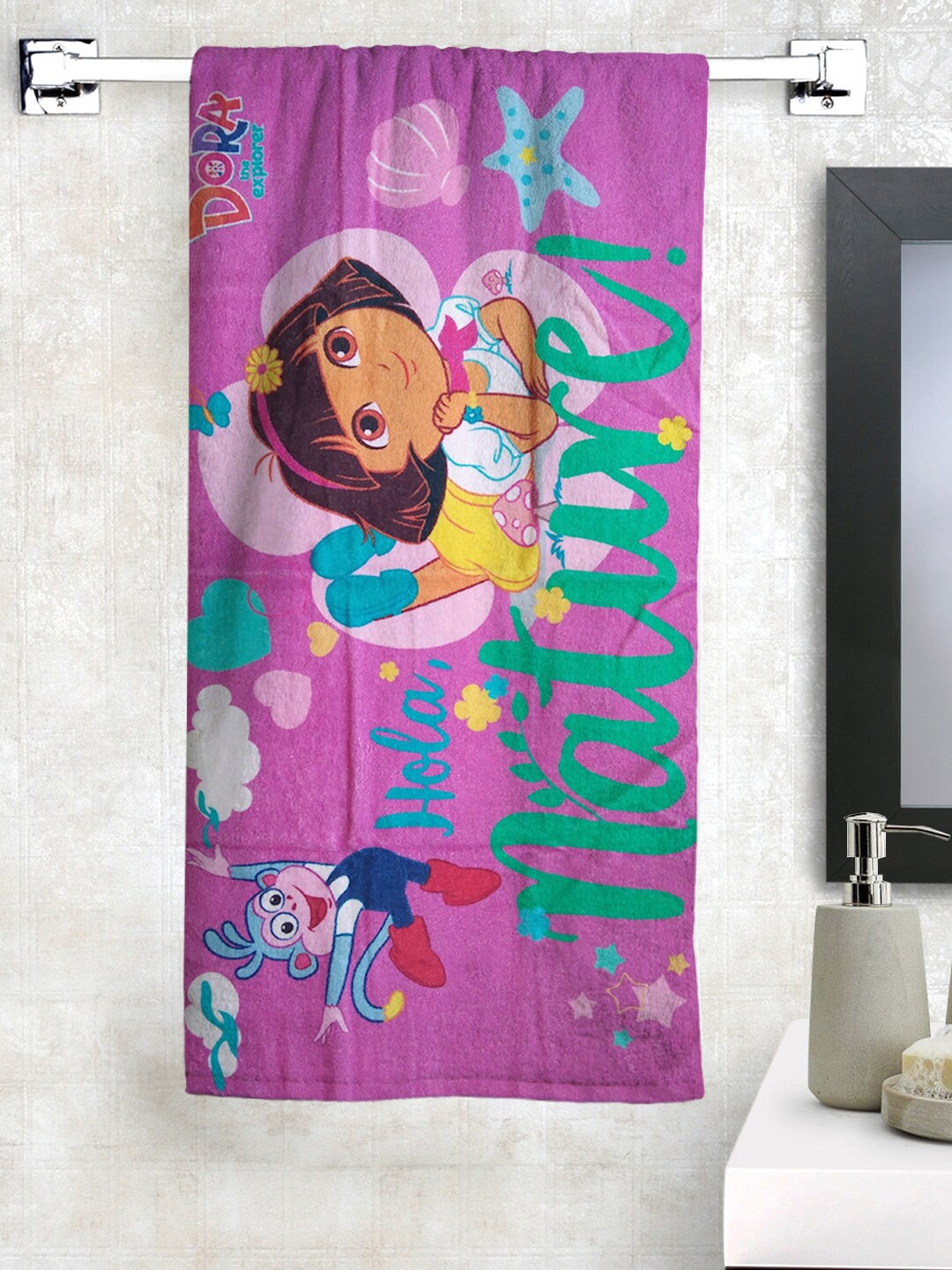 

Athom Trendz Pink & Green Dora Printed 350 GSM Cotton Bath Towel