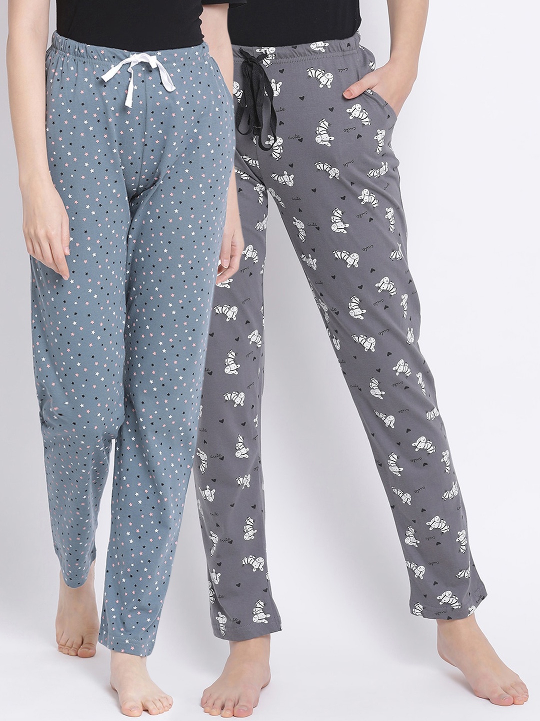 

Kanvin Women Pack of 2 Printed Pure Cotton Lounge Pants, Grey