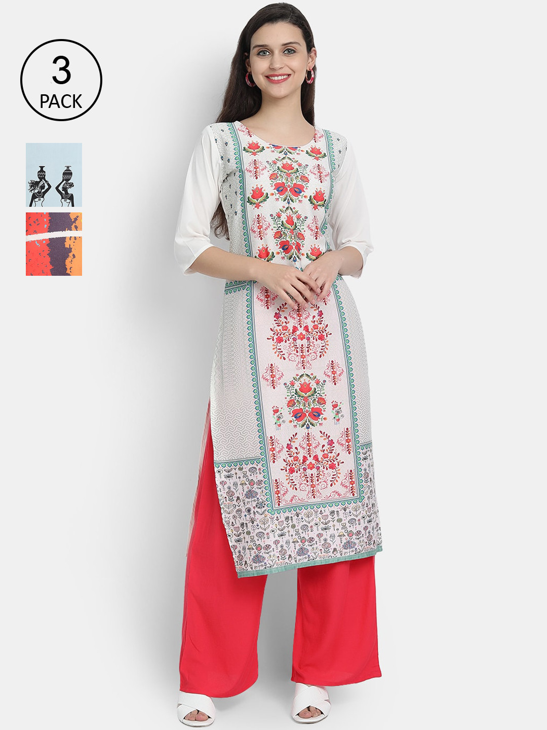 Ethnic basket Women Pack Of 3 Multicoloured Ethnic Motifs Printed Crepe Kurtas, Multi