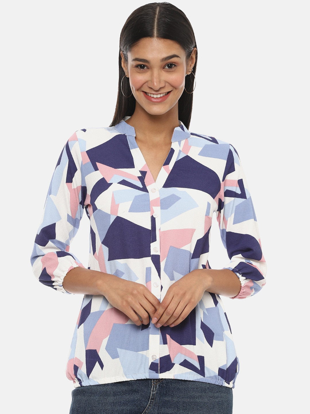 

Campus Sutra Women White & Navy Blue Geometric Shirt Style Top