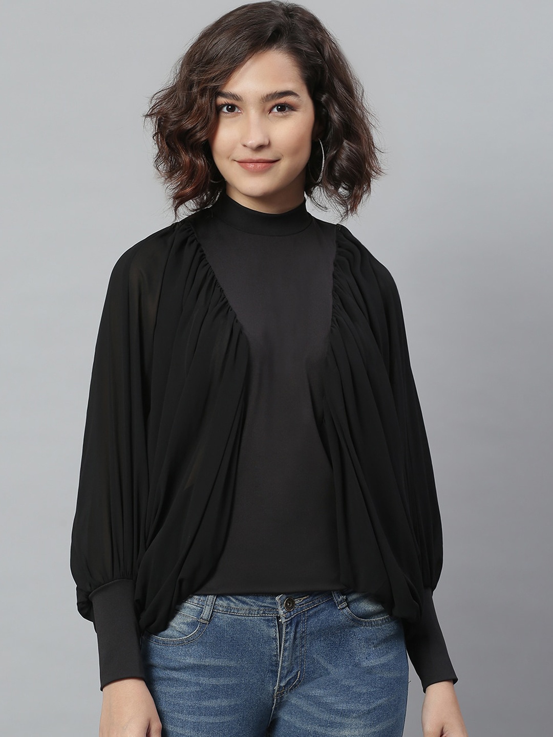 

KASSUALLY Black Solid Regular Batwing Sleeves Top