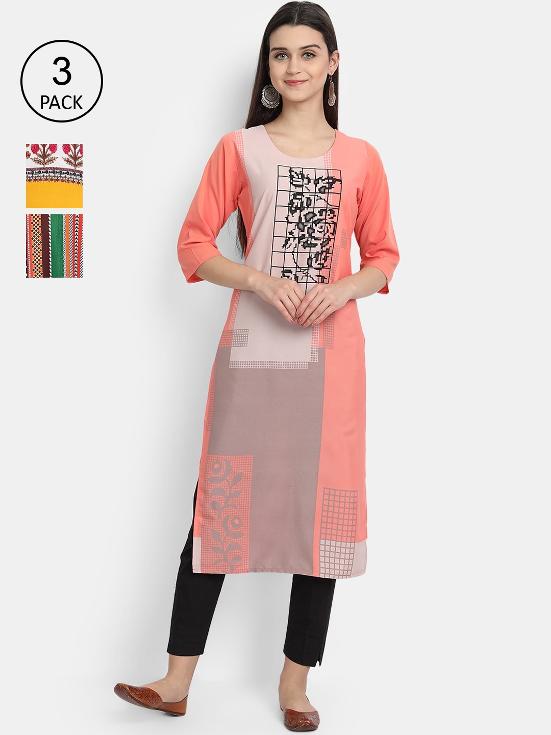 Ethnic basket Women Pack of 3 Ethnic Motifs Printed Regular Sleeves Thread Kurta, Pink