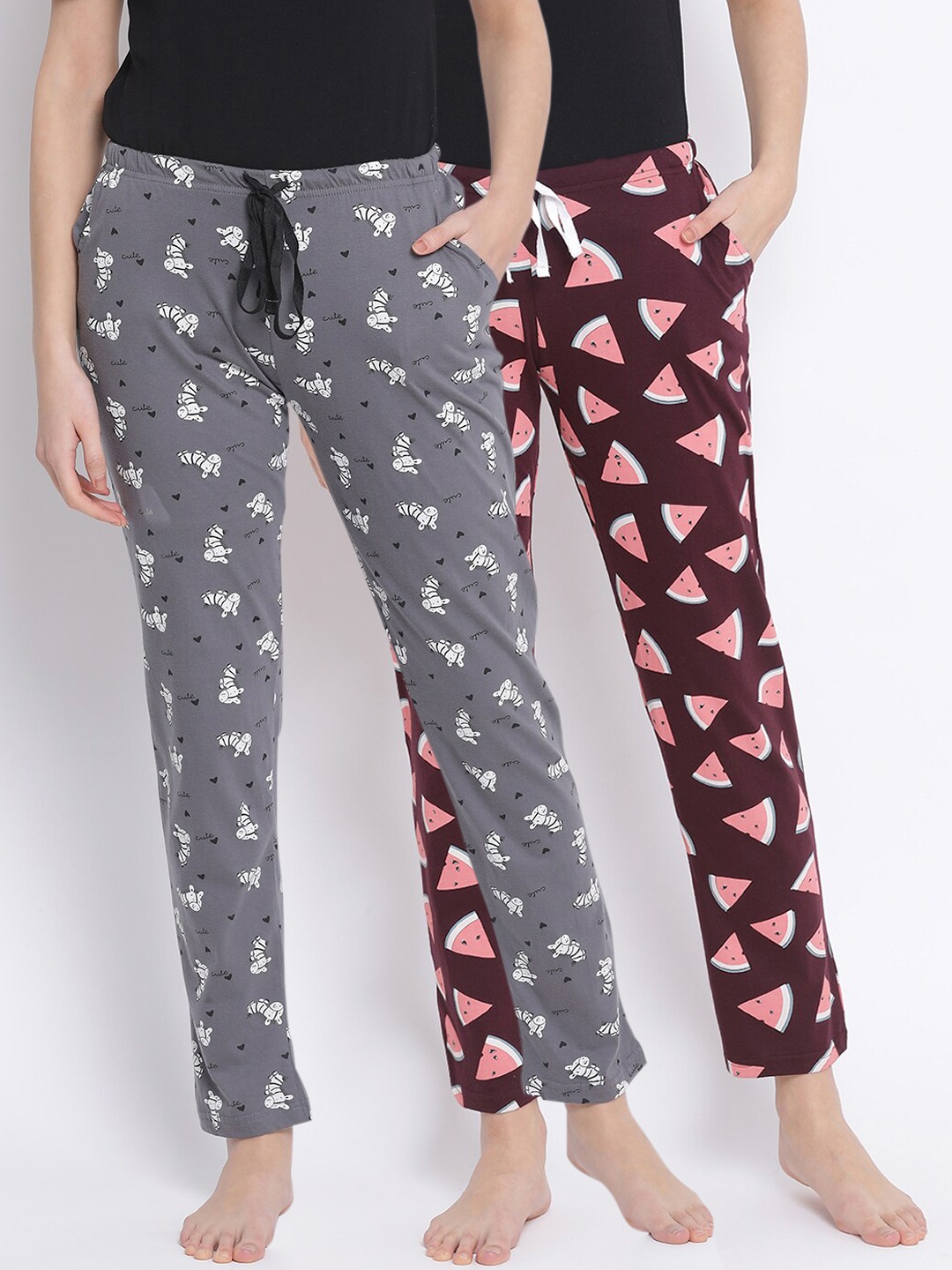 

Kanvin Women Pack Of 2 Printed Pure Cotton Lounge Pants, Grey