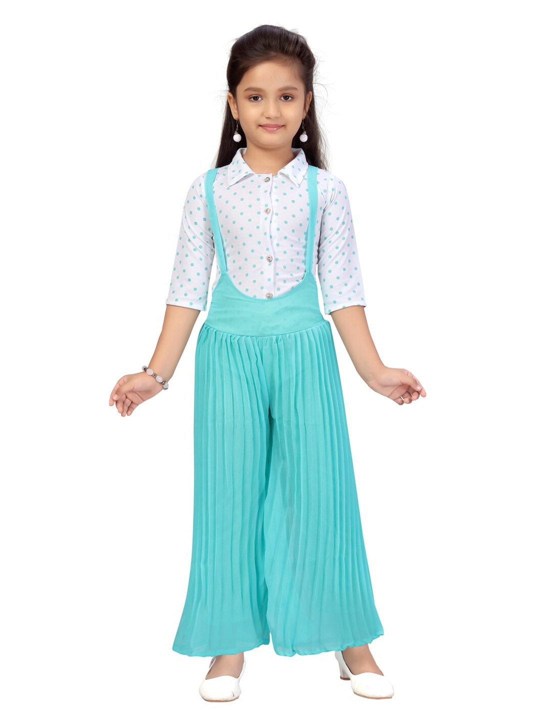 

Aarika Girls White & Sea Green Printed Two-Piece Jumpsuit