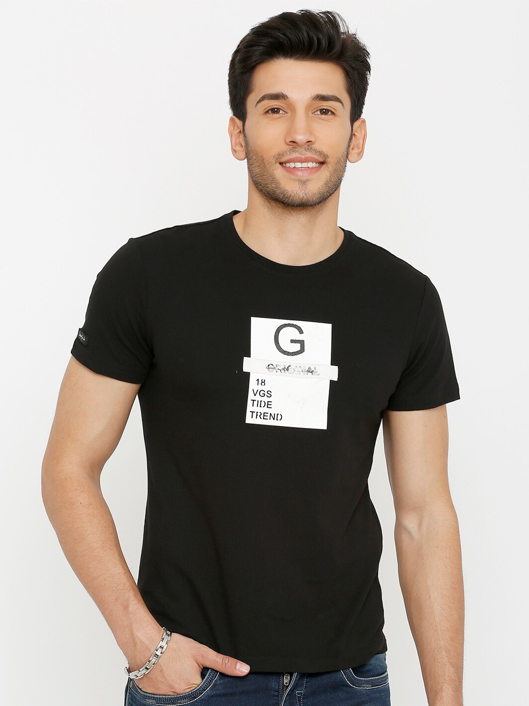 

Rex Straut Jeans Men Black Printed Monochrome Slim Fit Cotton Pure Cotton T-shirt