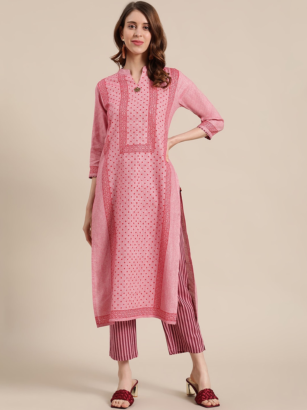 

KSUT Women Pink Printed Regular Straight Kurta with Trousers