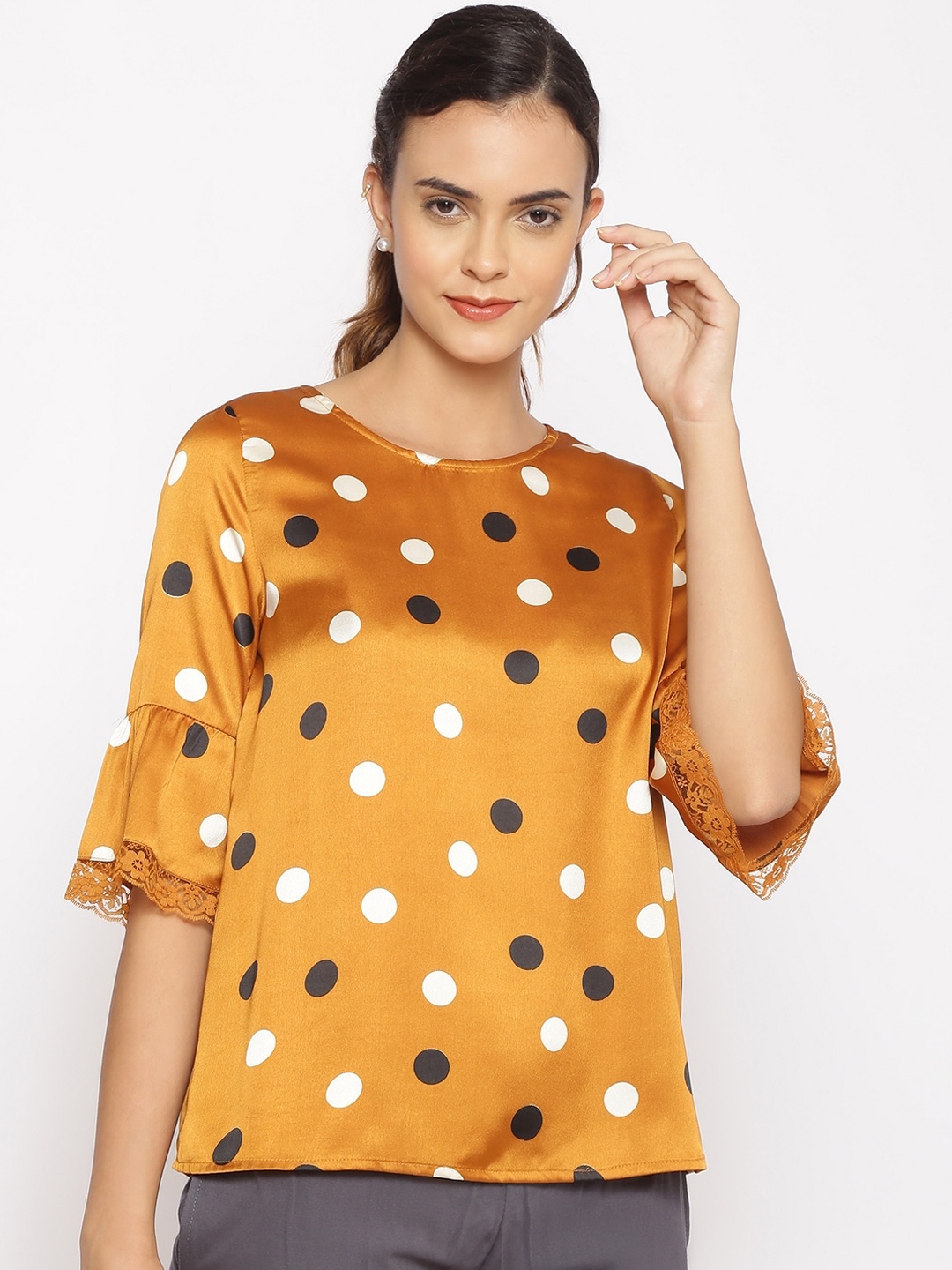 

Oxolloxo Women Mustard-Yellow & Black Polka Dot Printed Lounge T-Shirt