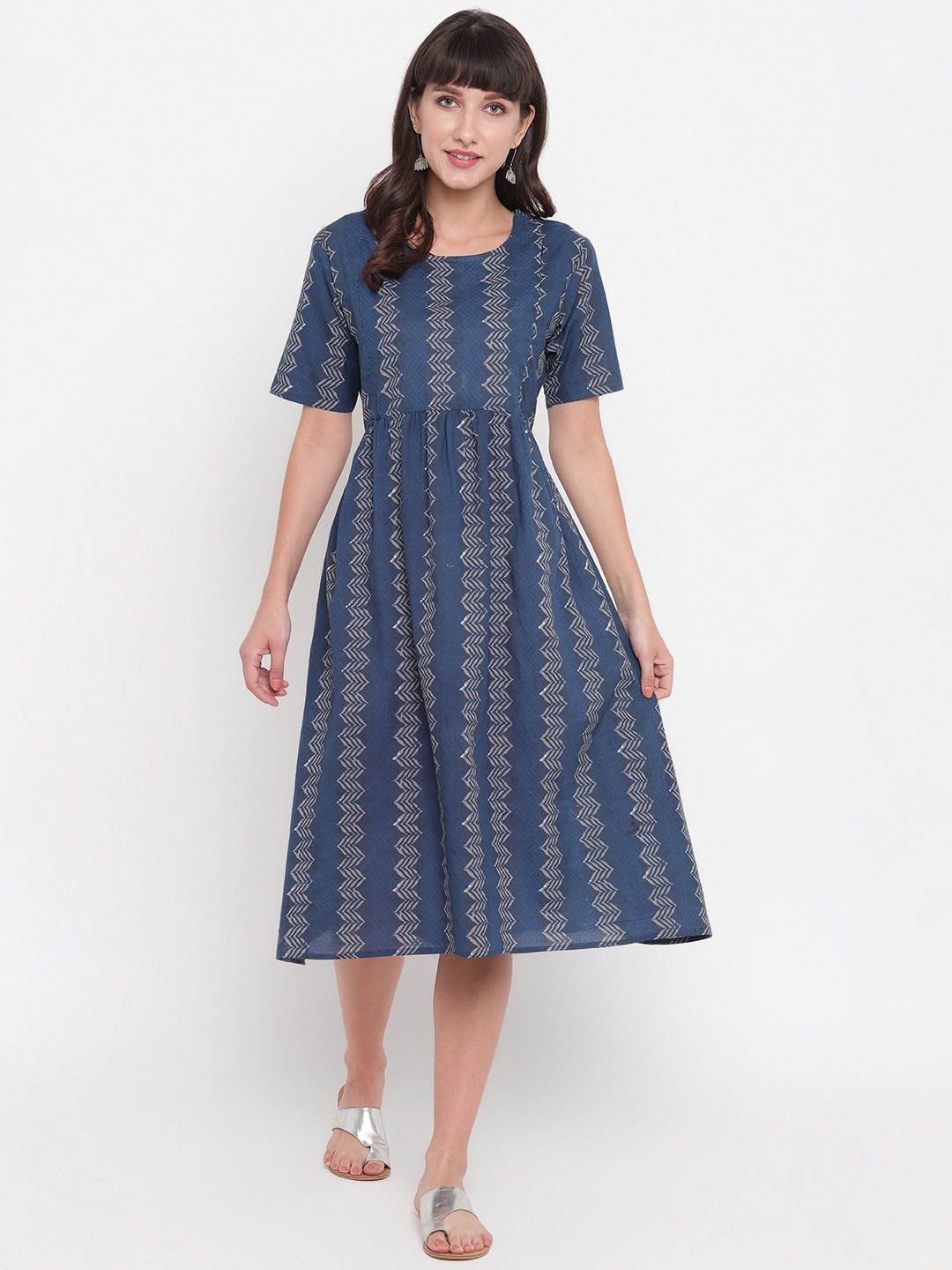 

Aawari Women Blue & Beige Printed A-Line Midi Dress