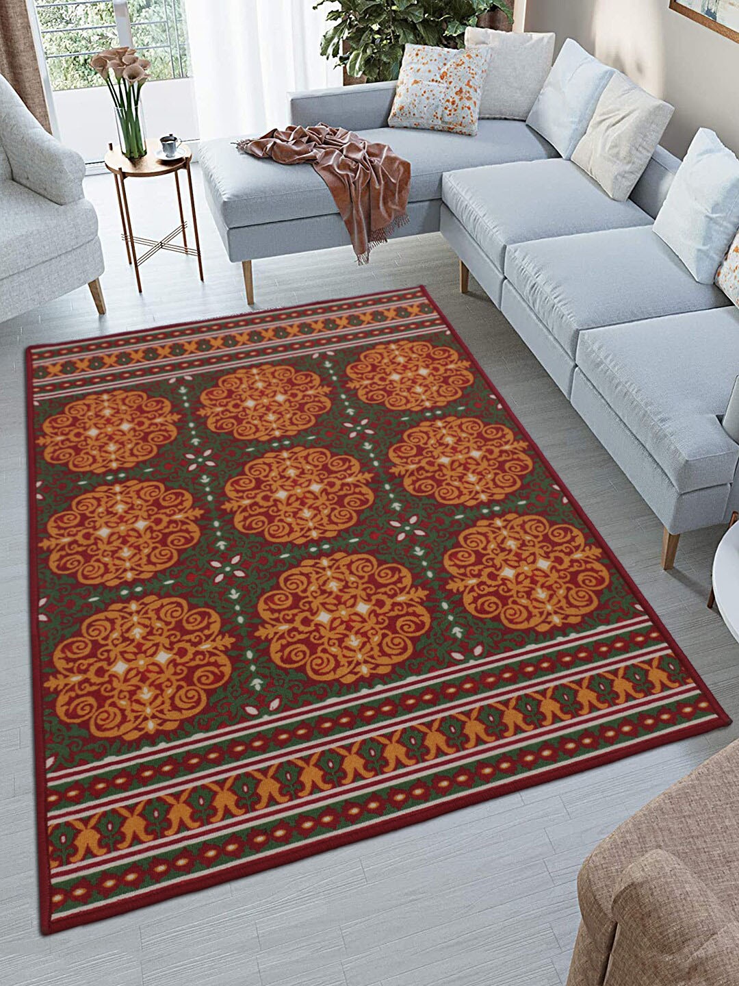 

RUGSMITH Red & Orange Ethnic Motifs Printed Anti-Skid Rectangular Carpet