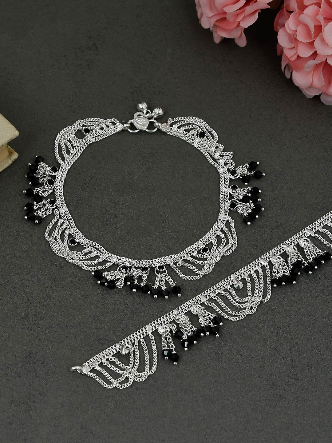 

Silvermerc Designs Set Of 2 Silver-Plated Black Beaded Tasseled Anklets