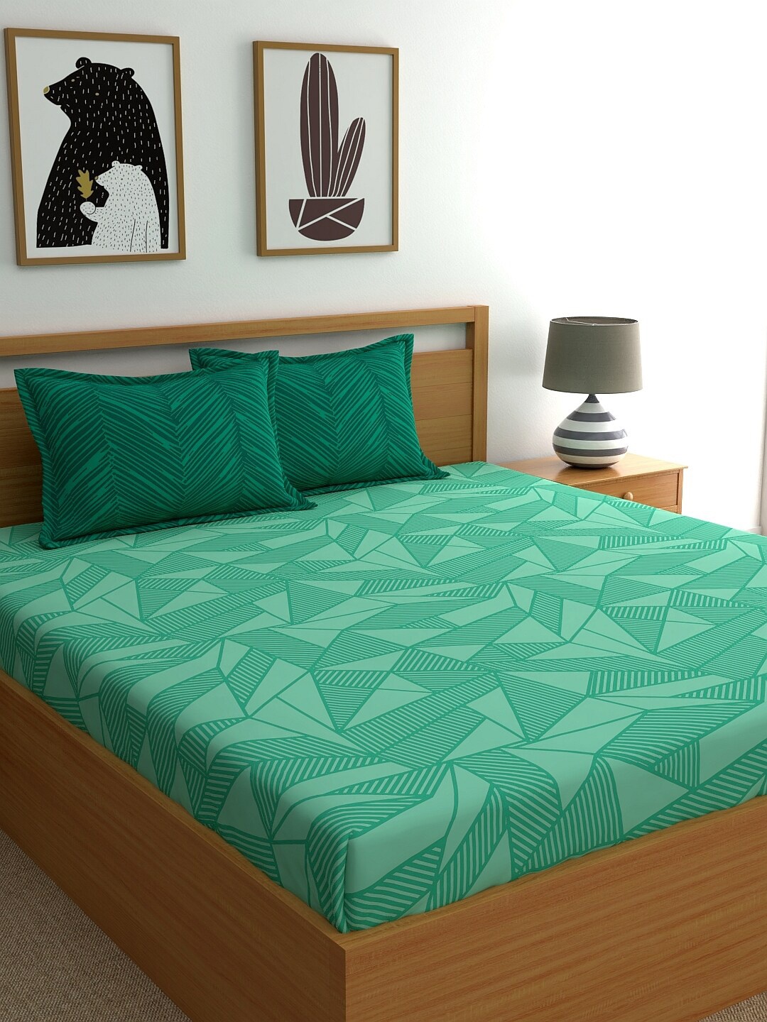 

Home Ecstasy Green Geometric 140 TC Cotton 1 Queen Bedsheet with 2 Pillow Covers
