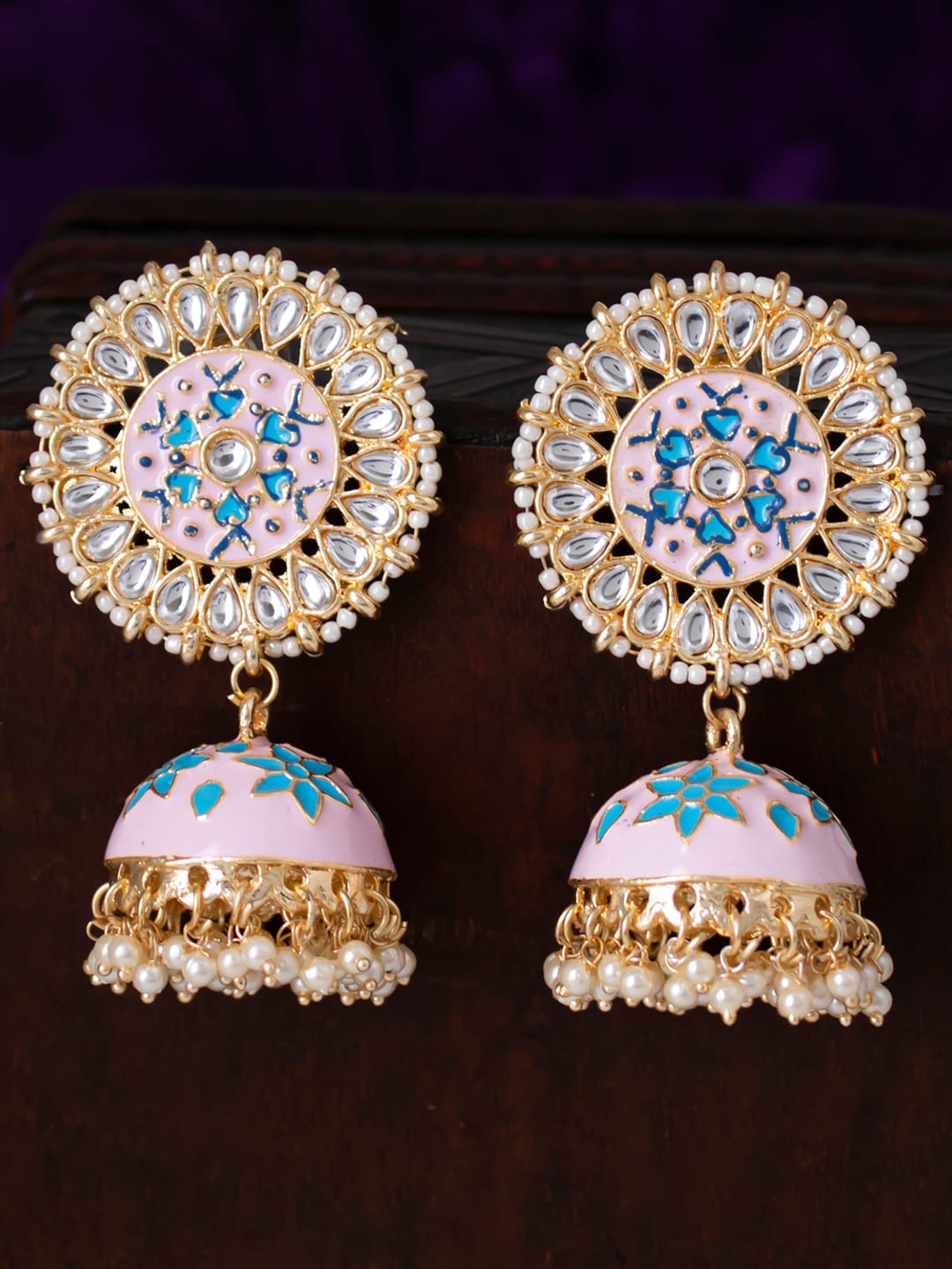 

Sukkhi Pink & Blue Gold-Plated Kundan Studded & Beaded Meenakari Dome Shaped Jhumkas