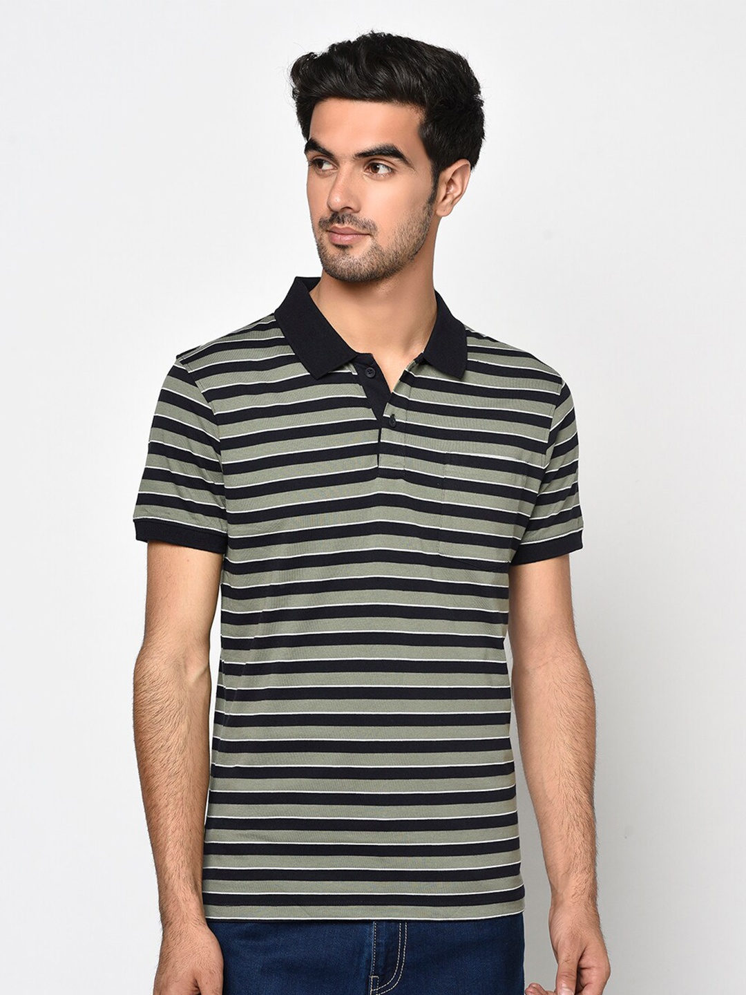 

Octave Men Olive Green & Black Striped Polo Collar Cotton T-shirt
