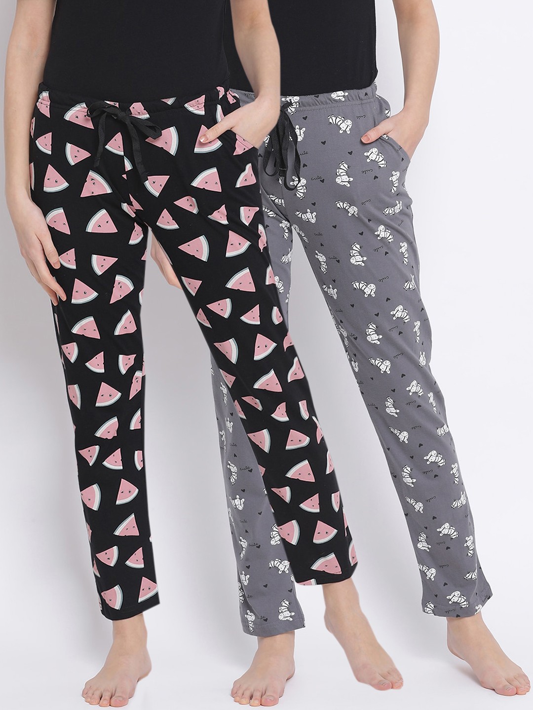

Kanvin Women Pack Of 2 Printed Cotton Lounge Pants, Grey