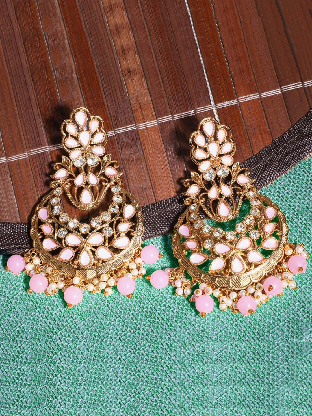 

Yellow Chimes Pink Gold-Plated Kundan Studded & Beaded Handcrafted Chandbalis
