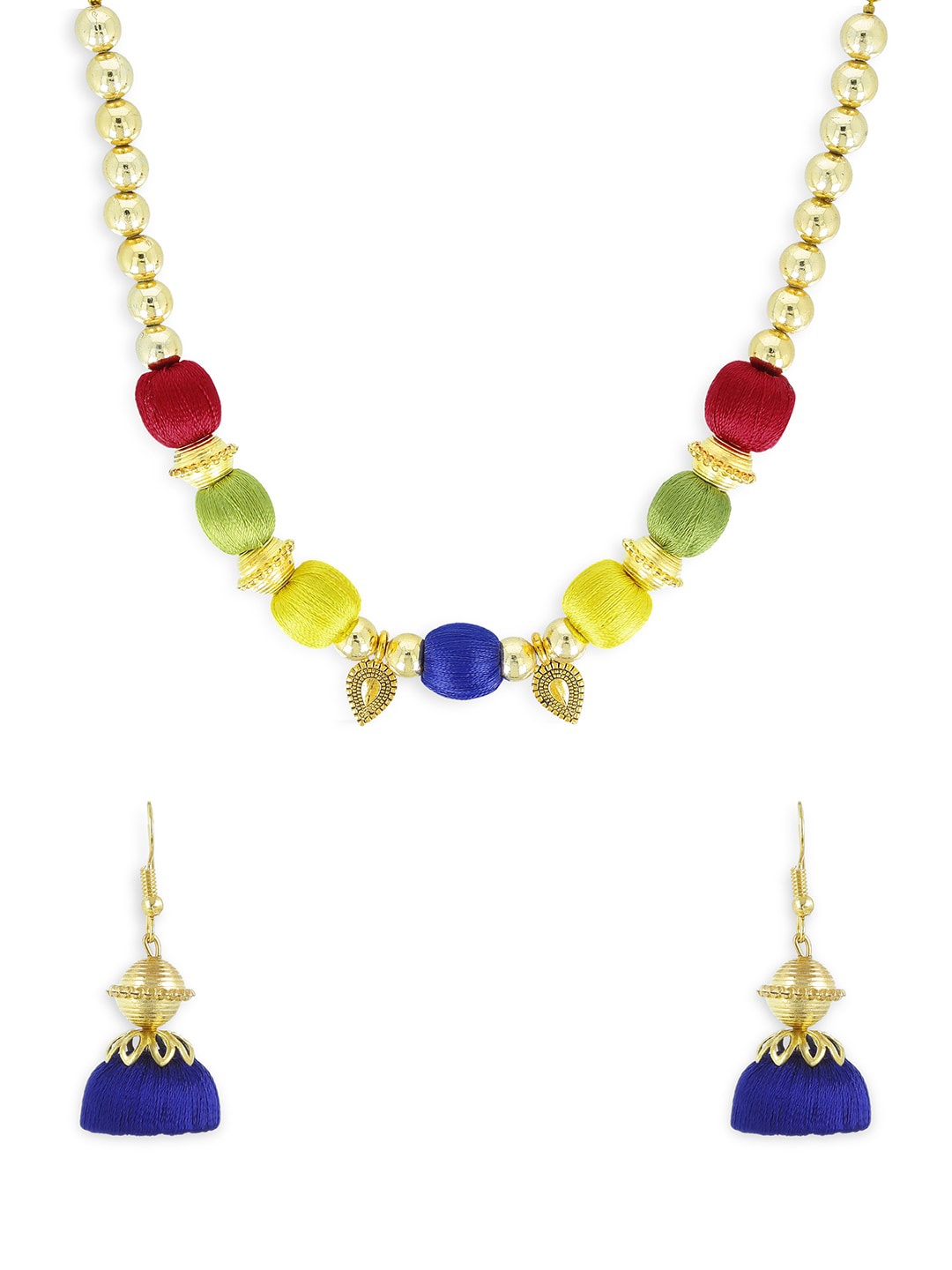 AKSHARA Girls Gold-Plated Red & Blue Handcrafted Beaded Jewellery Set