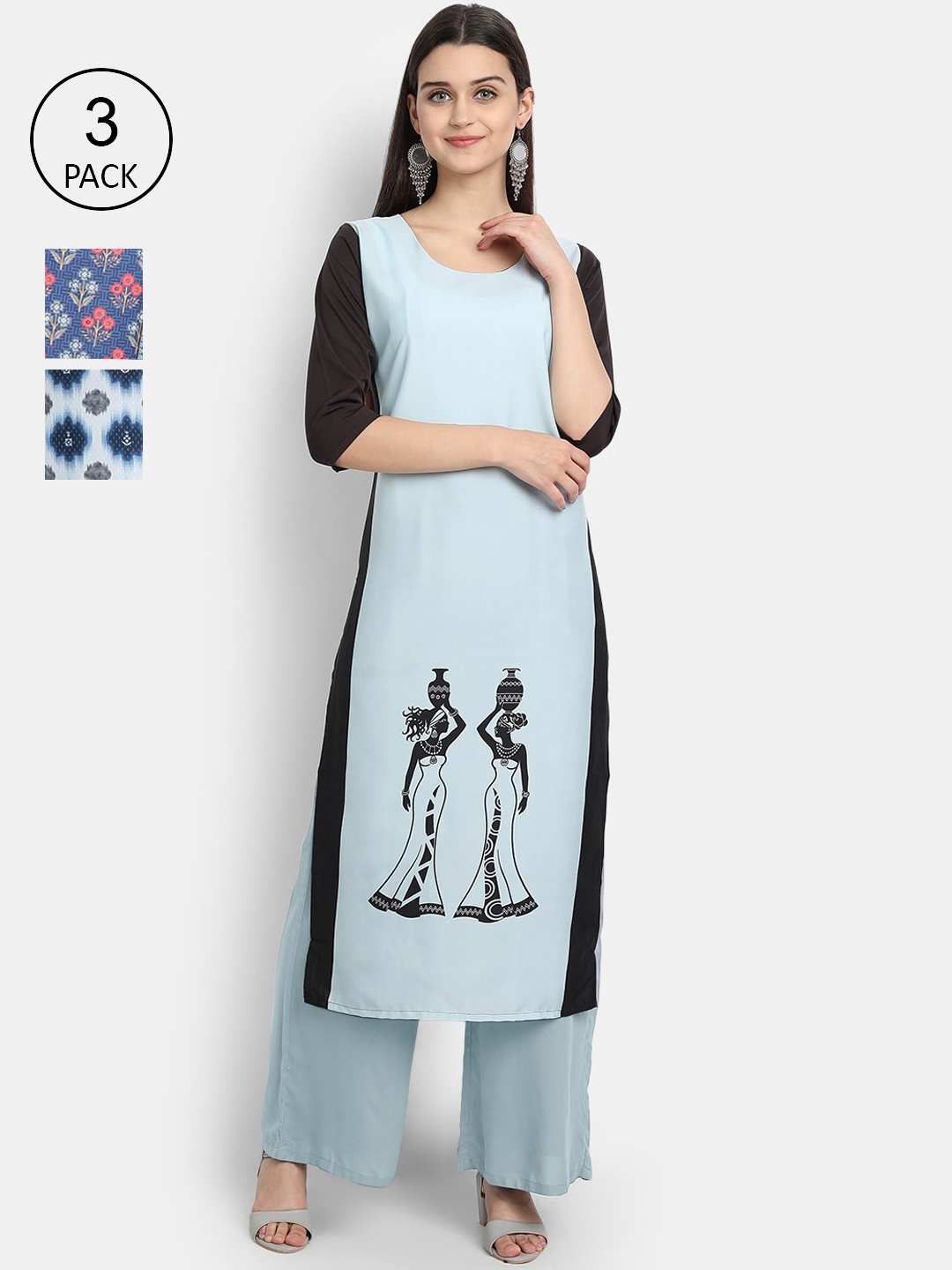 

Ethnic basket Women Pack Of 3 Ethnic Motifs Printed Crepe Kurta, Navy blue