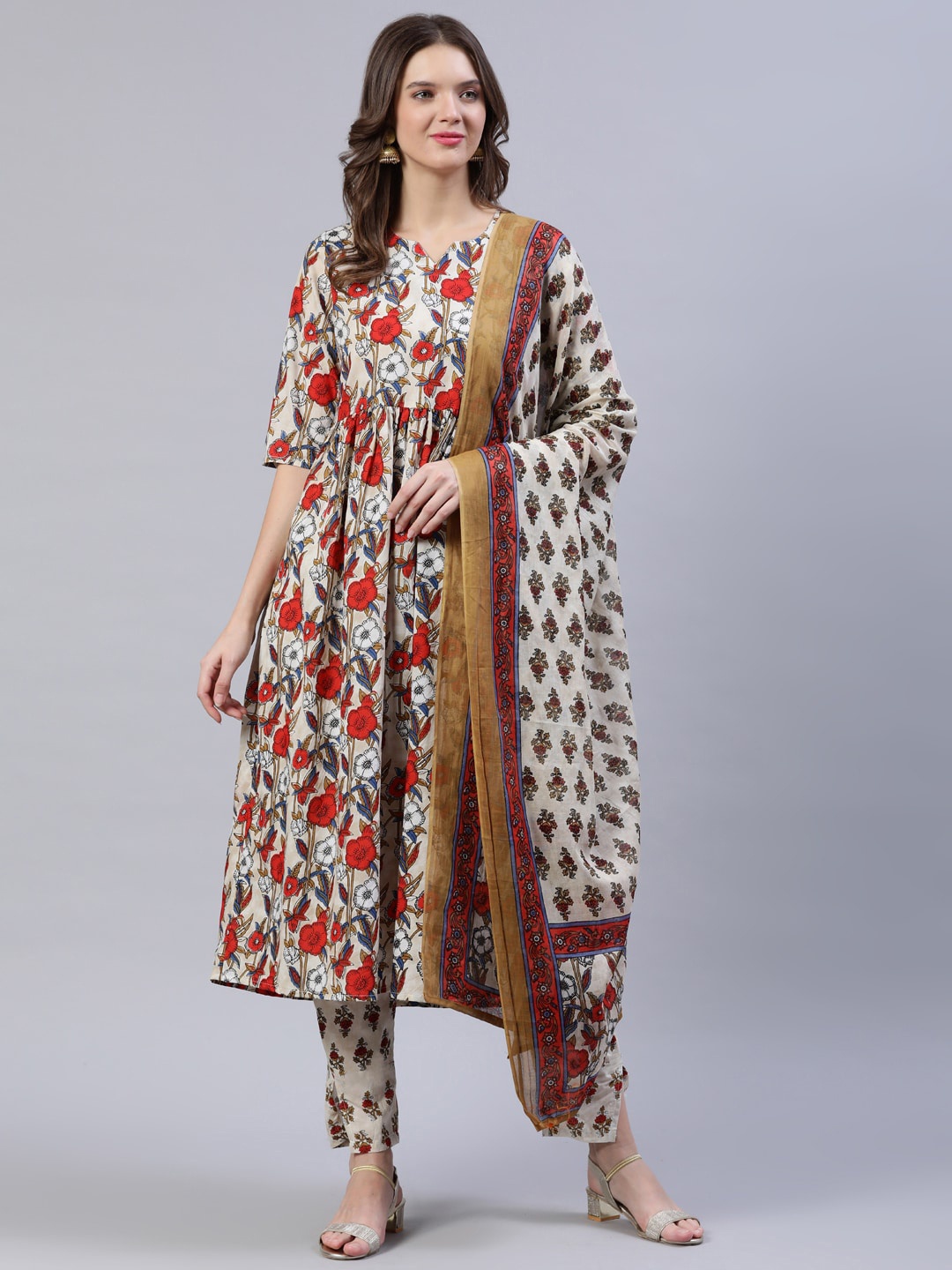 

Nayo Women Off White & Red Floral Screen Print A-Line Pure Cotton Kurta Set With Dupatta