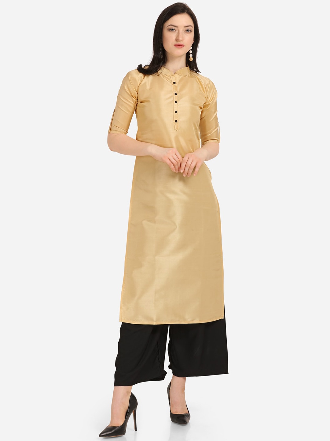 

Florence Women Gold-Toned & Black Solid Straight Kurta & Palazzos Pants