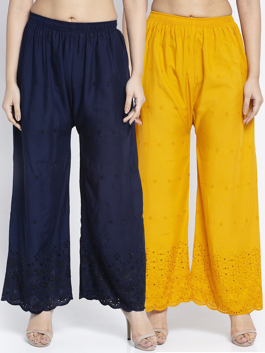 

GRACIT Women Pack of 2 Navy Blue & Yellow Embroidered Wide Leg Palazzos