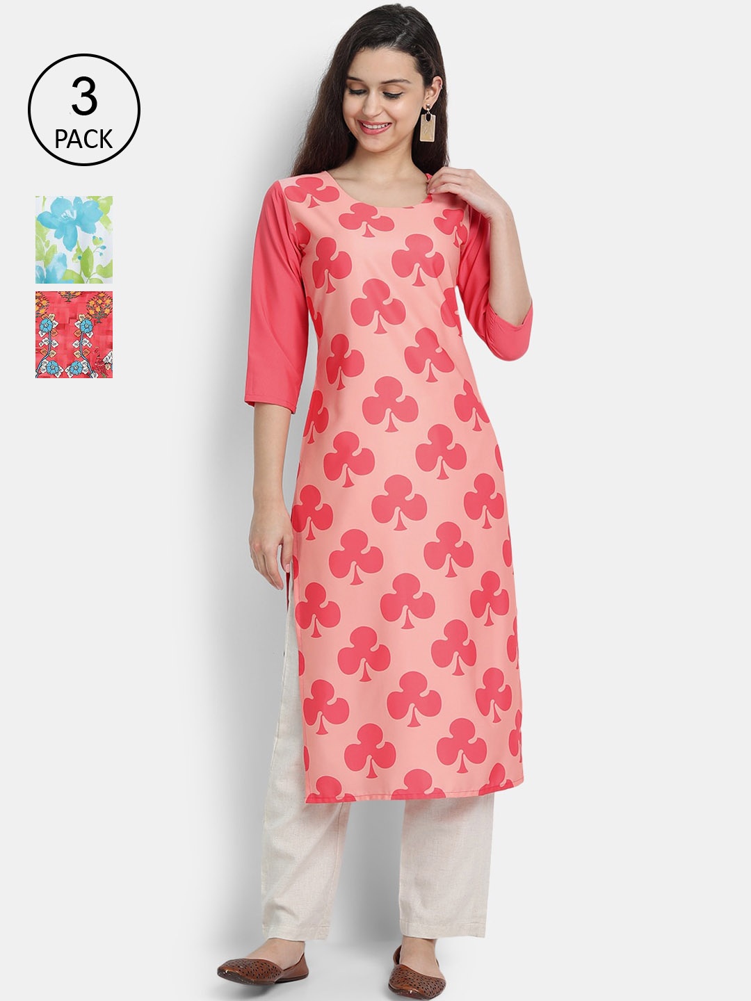 

Ethnic basket Women Pack Of 3 Multicoloured Floral Printed Crepe Kurta, Multi
