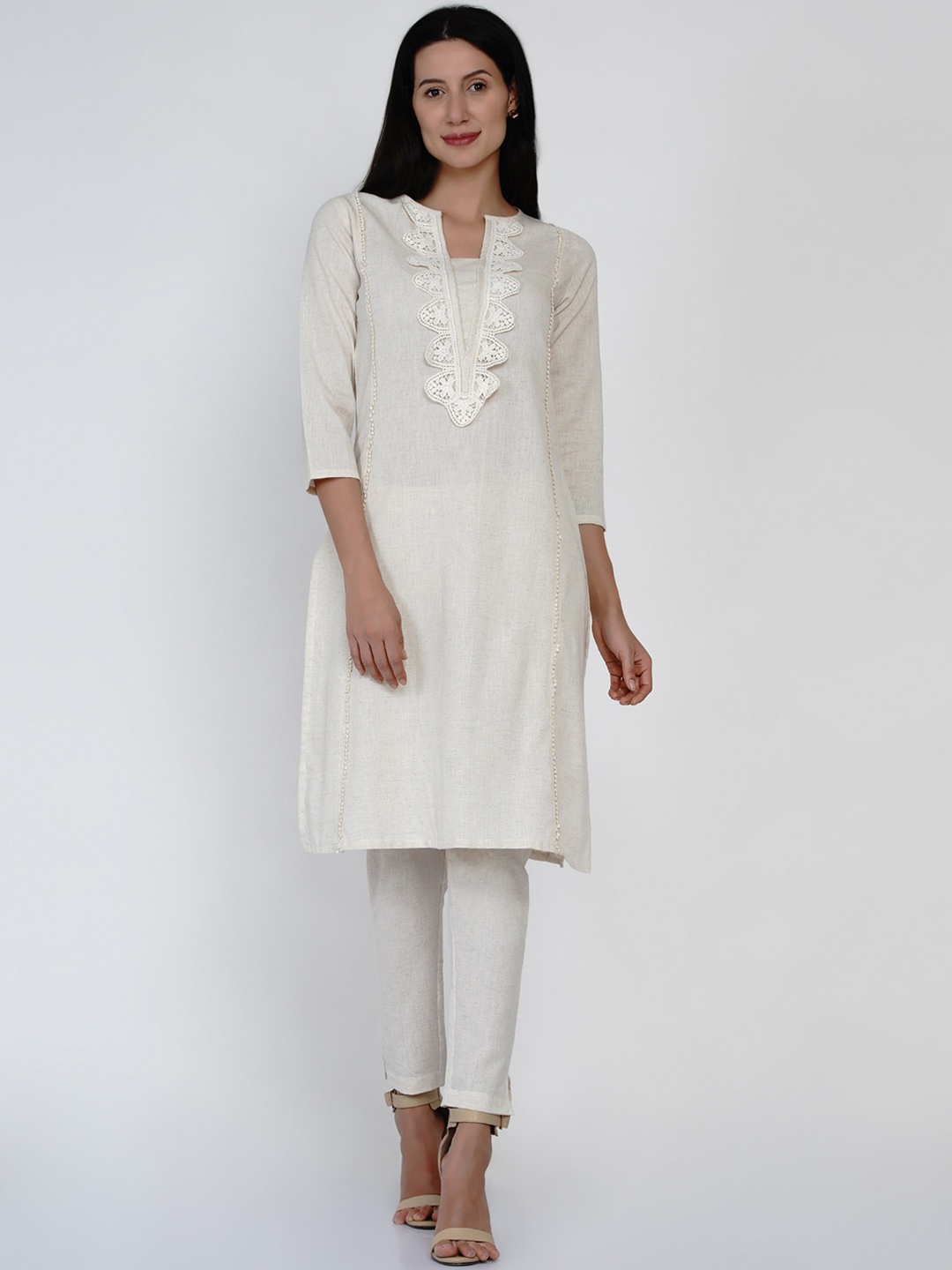 

FABNEST Women Off White Yoke Design Lace Insert Detailed Kurta