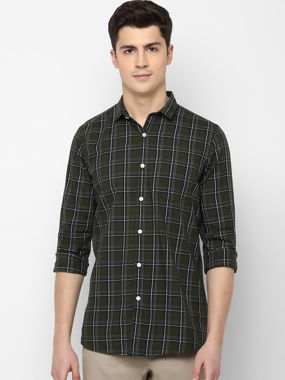 

Allen Solly Sport Men Olive Green & White Regular Fit Checked Casual Shirt