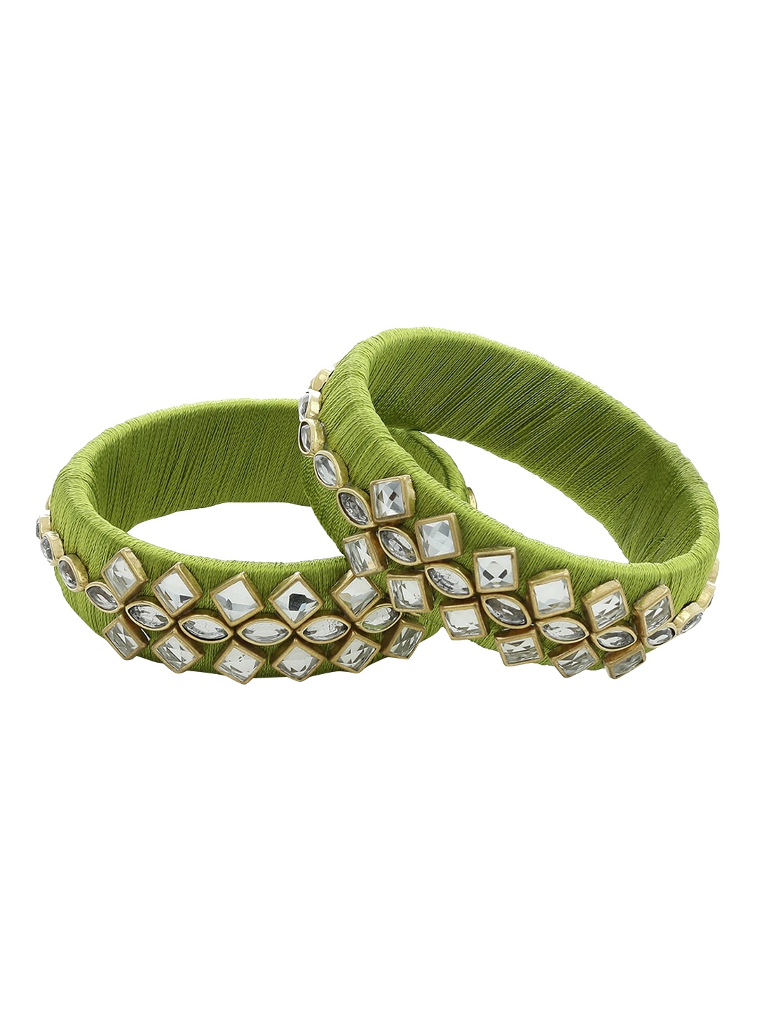 

AKSHARA Set Of 2 Green & White Silk Thread Kundan-Studded Handcrafted Bangles