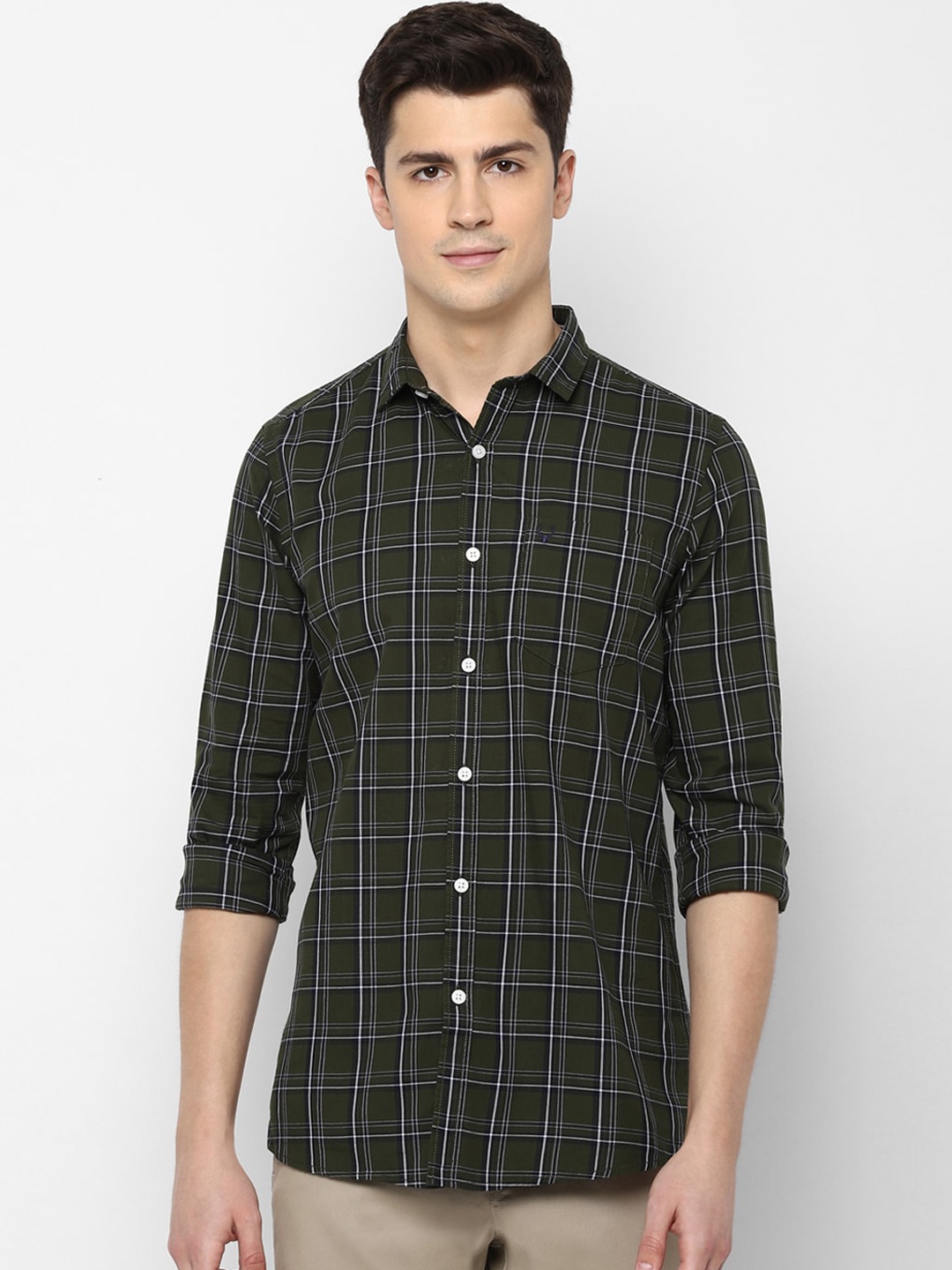 

Allen Solly Sport Men Olive Green & White Regular Fit Checked Casual Shirt